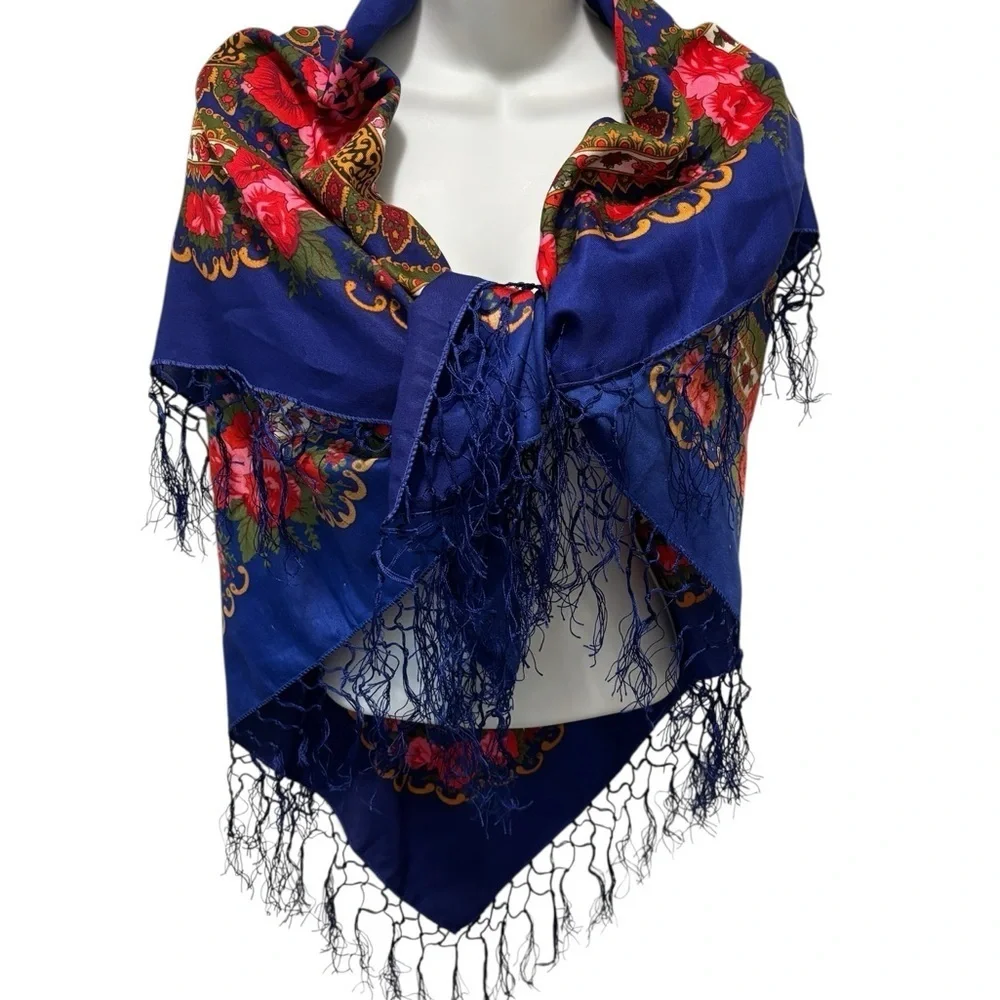 Large Boho Floral Shawl Cloak Wrap Scarf Blue Red Pink Fringe Sz 38X38” Bright